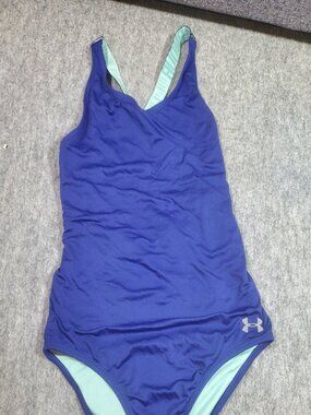 Under Armour Heat Gear Racer 1 Piece Swimsuit Blue Cross Back Girls Size 16